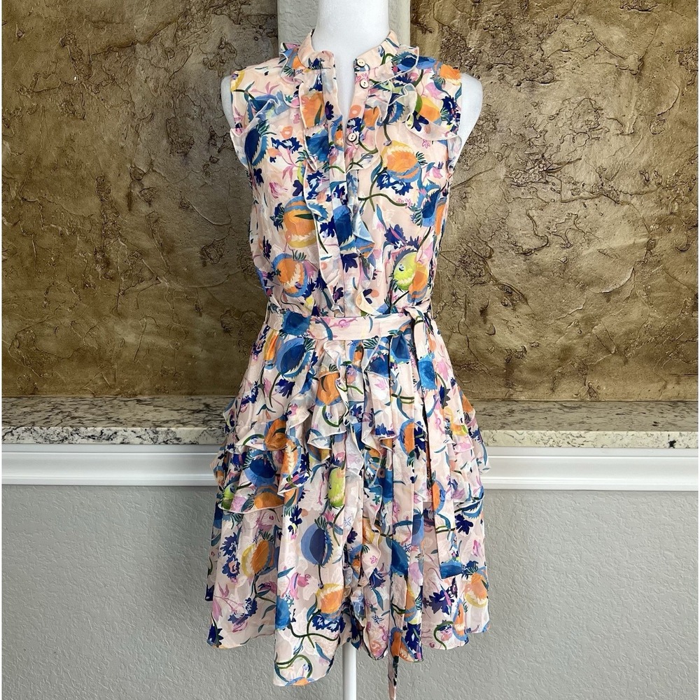 Saloni Tilly Ruffle Dress Womens US 2 Peach Pomegranate Button Pink Mini Tiered